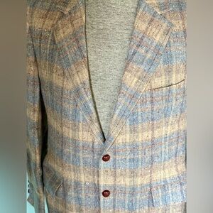 The Broadway Men's Tartan Plaid Sport Coat Jacket Blazer Wool 44R Blu/Tan/Gray